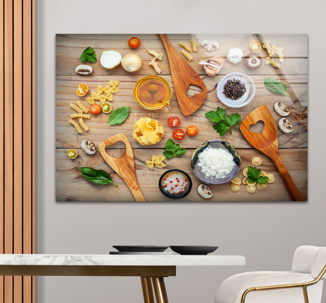 Rustic Italian Kitchen Wall Art – Culinary Glass Print Featuring Pasta, Spices & Wooden Utensils