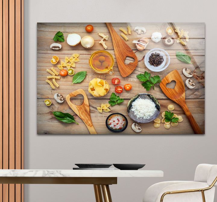 Rustic Italian Kitchen Wall Art – Culinary Glass Print Featuring Pasta, Spices & Wooden Utensils
