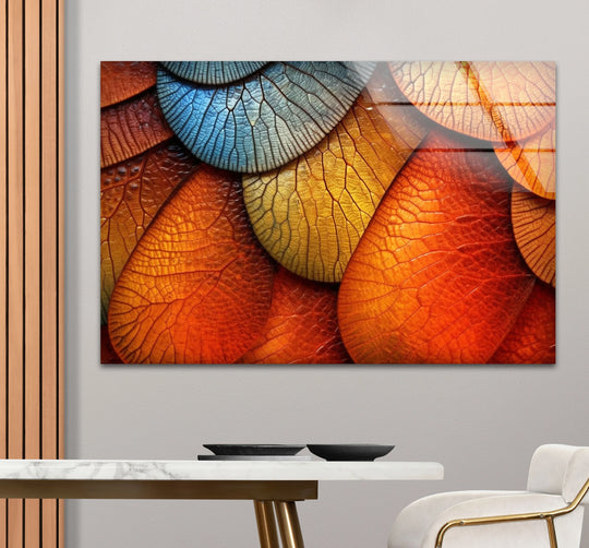 Layered close-up of translucent, colorful leaf textures in an abstract design, perfect as decorative wall art.