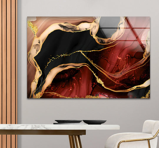 A luxury marble glass print of red and black abstract art with gold accents, a stunning piece of hanging wall art.