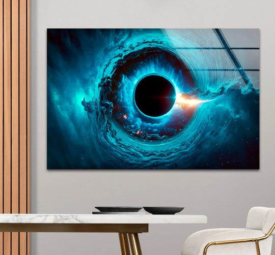 Vibrant azure blues dominate this cosmic black hole hanging wall art, creating a cool, ethereal glow.