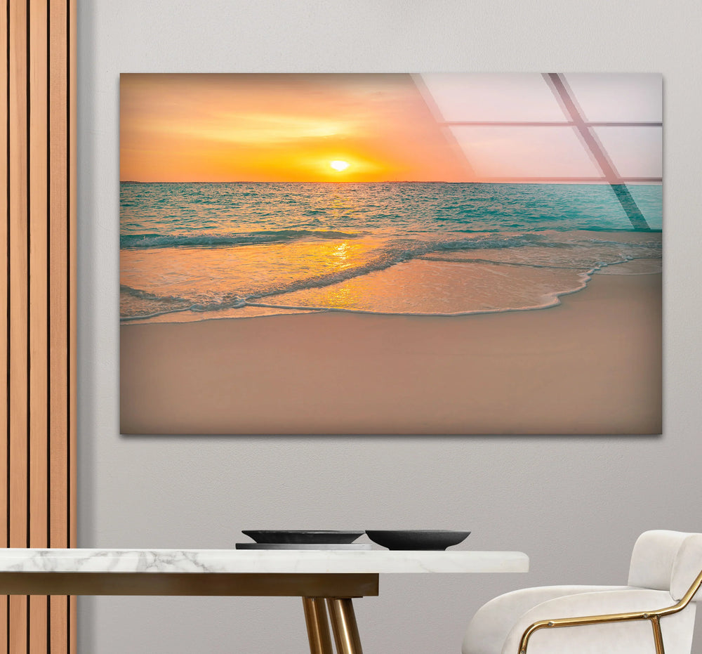 Tranquil Sunset Beach Wall Art – Coastal Ocean Waves with Soft Orange Glow - MyPhotoStation