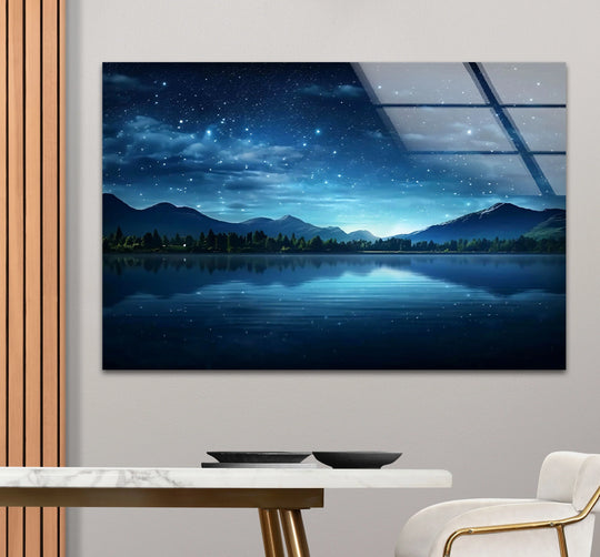 The stillness of the midnight lake captures the eye in this glass wall art, a landscape of starry skies and mountain reflections offering serene wall prints.