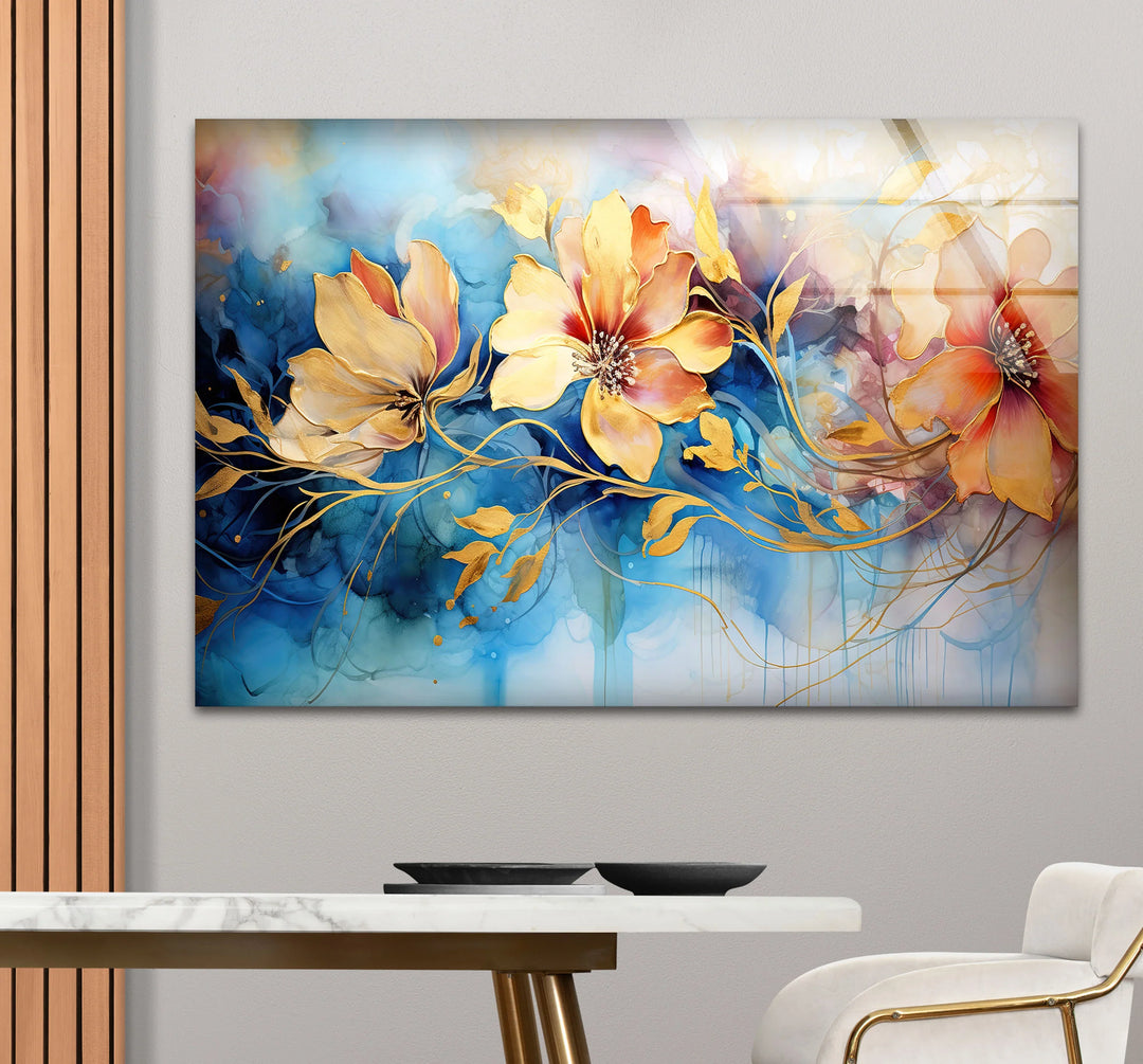 Golden Floral Fantasy Wall Art – Abstract Blue and Yellow Flower Glass Print for Elegant Interiors - MyPhotoStation