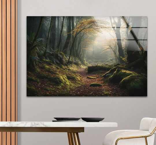 Observing the transition between colors, this misty forest path hanging wall art features a captivating gradient from dark, mossy greens to a sunlit, golden-hued clearing.