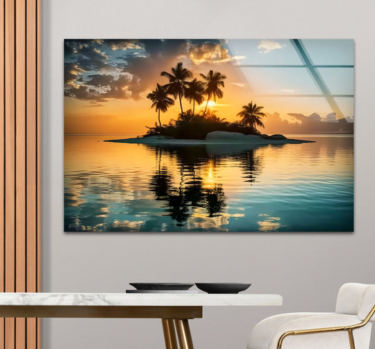 Featuring a tropical island sunset, the wall art showcases a vivid color saturation within a unique modern wall decor glass print of a serene beach scene.