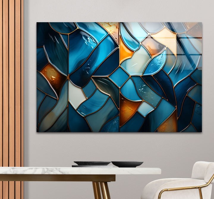 Blue Stained Glass Wall Art – Abstract Mosaic Glass Print Decor