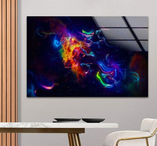 The vivid glass wall art features a dominant explosion of colorful neon energy swirls and cosmic light bursts for modern home decor.