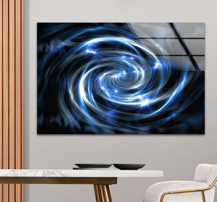 Spiralgalaxie-Wandkunst aus Glas – Blauer kosmischer Wirbel mit Sternenexplosionen