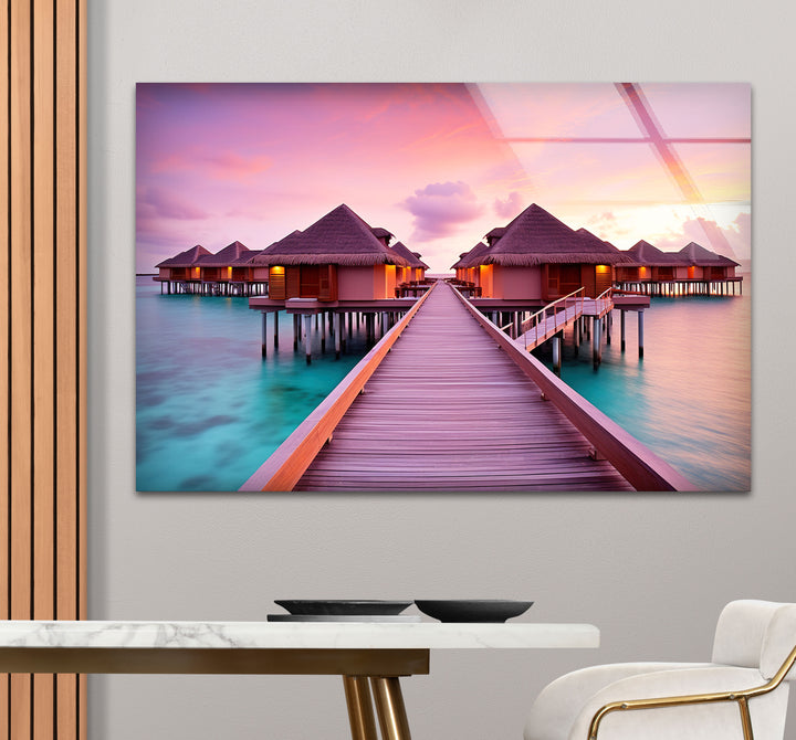 Maldives Sunset Resort Wall Art – Tropical Overwater Bungalows Glass Print Decor