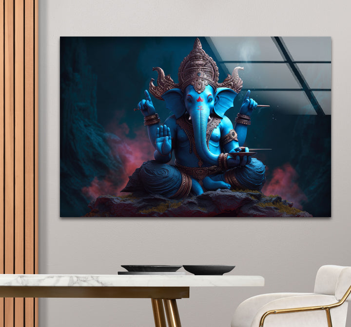 Blaue Ganesha-Wandkunst – Göttliche Hindu-Gottheit – Glasdruck für spirituelles Dekor 