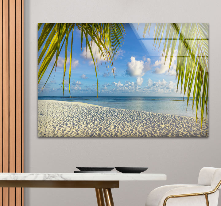 Tropical Palm Beach Wall Art – White Sand and Ocean Glass Print for Coastal Decor