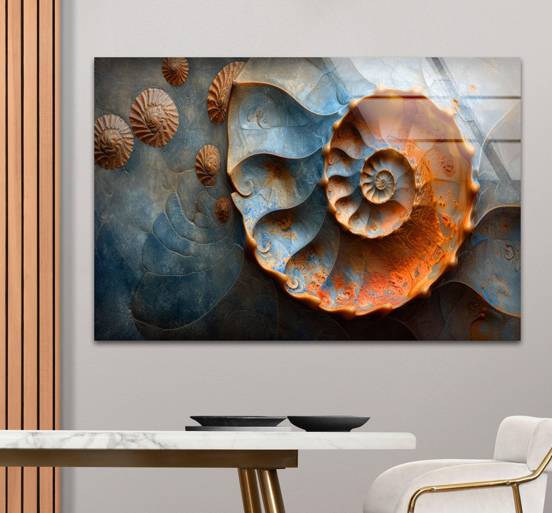 Wanddekoration aus Glas mit Fossilienmuscheln