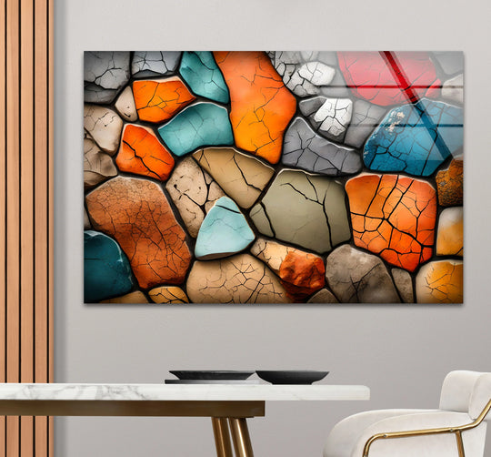 Vibrant abstract glass print with cracked texture, featuring the brightest orange and teal areas of this home decor piece.