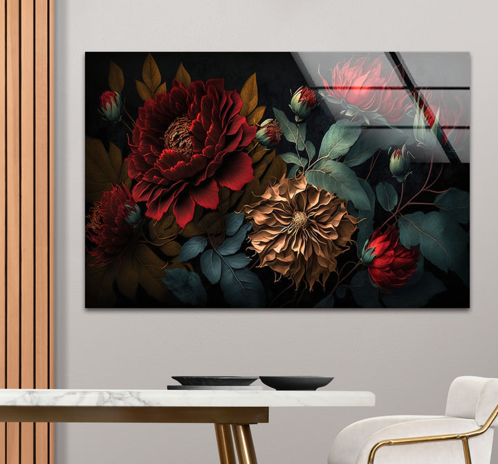 Dark Floral Elegance Wall Art – Red & Gold Botanical Glass Print