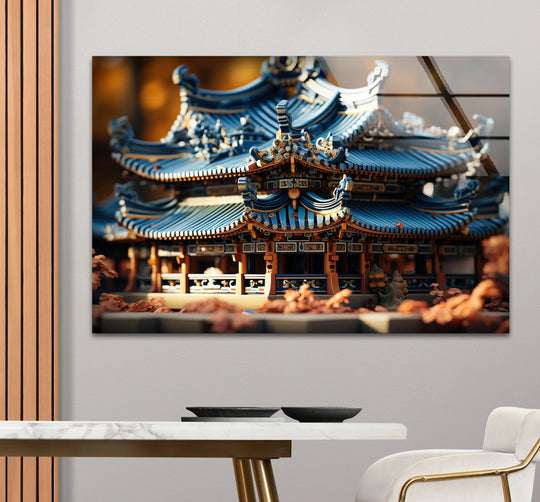 Smooth surface texture enhances the serene details of this Tranquil Temple hanging wall art depicting oriental architecture with layered tiers of blue and brown hues.