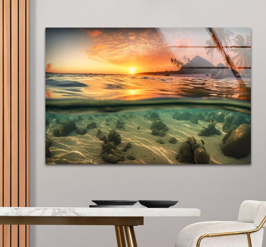 Vibrant color saturation enhances this volcanic island sunset tempered glass wall art, creating stunning wall prints with a tropical ocean split view.