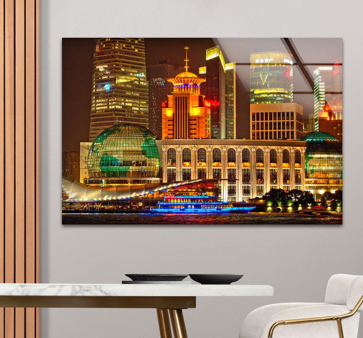 Shanghai Skyline Wall Art – Vibrant City Lights Glass Print for Modern Decor