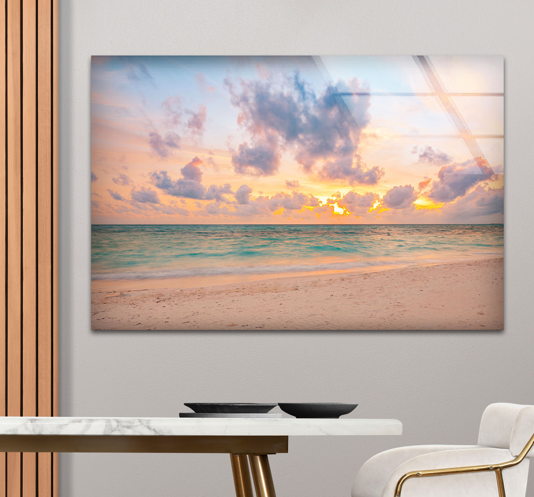 Pastel Beach Sunset Wall Art – Tranquil Ocean Shoreline Glass Print for Calm Spaces