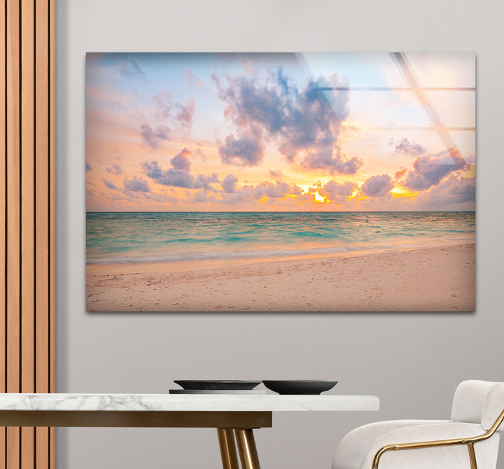 Pastel Beach Sunset Wall Art – Tranquil Ocean Shoreline Glass Print for Calm Spaces