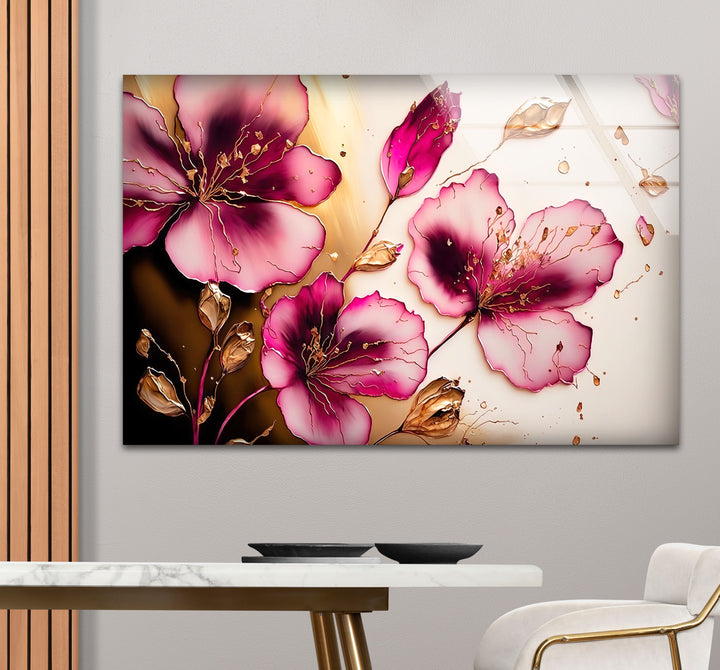 Rosa florale Glaswandkunst – Elegantes goldenes Blütenblatt, modernes botanisches Dekor