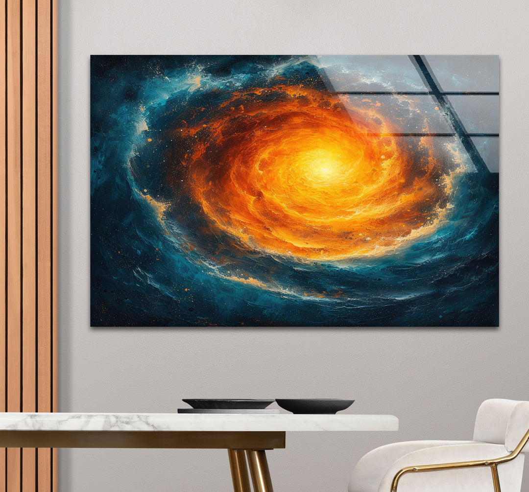 Abstrakte Glaswandkunst mit Spiralgalaxie