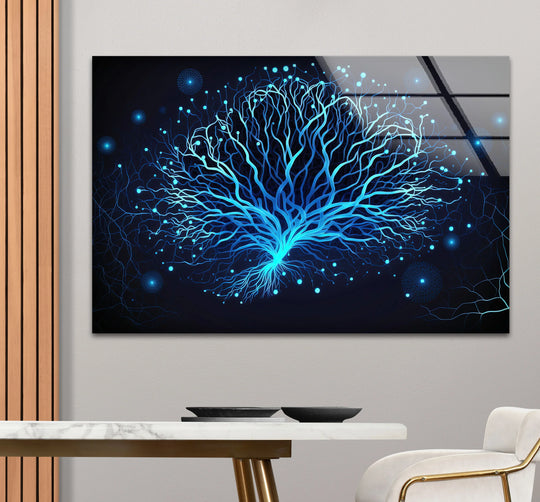 The print wall art's futuristic nerve pattern showcases an elegant transition from deep navy to vibrant azure within this neural tree glass print.