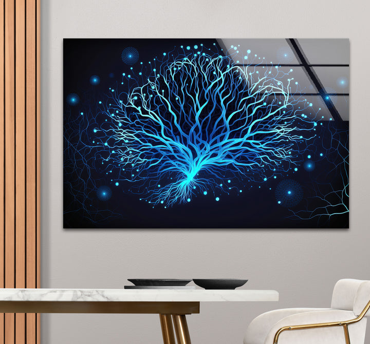 Neural Tree Wandkunst – Futuristischer blauer Nervenmuster-Glasdruck für elegante Innenräume