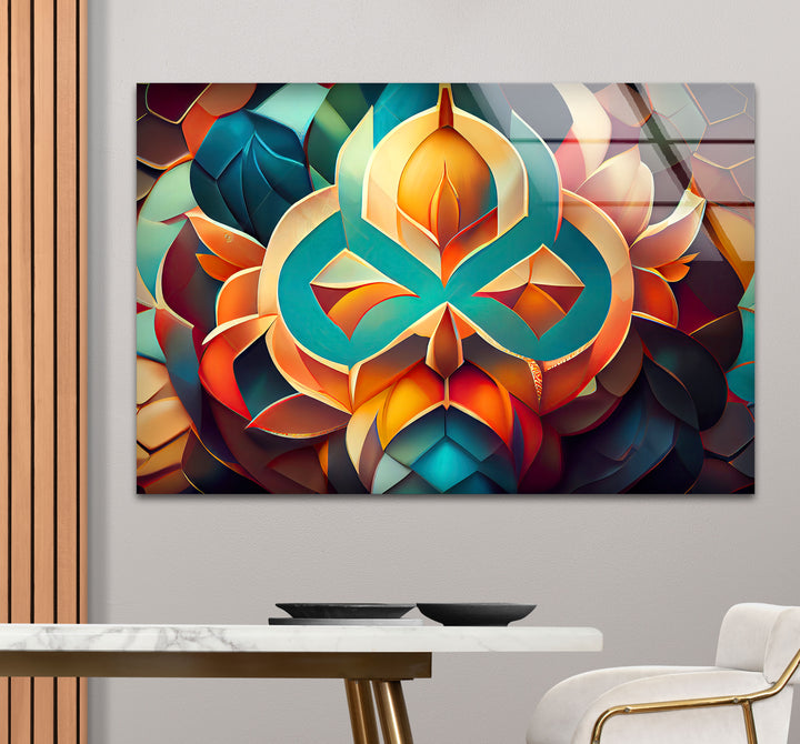 3D Geometric Mandala Glass Wall Art – Vibrant Abstract Lotus Design