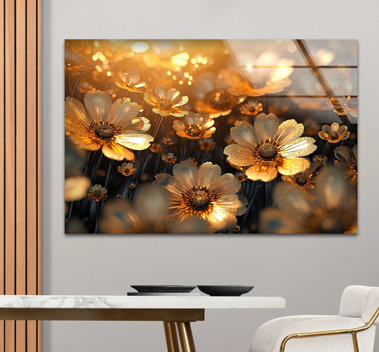 Radiant glass finish highlights the golden daisy bloom glass wall art, creating a luxurious, radiant floral home decor.
