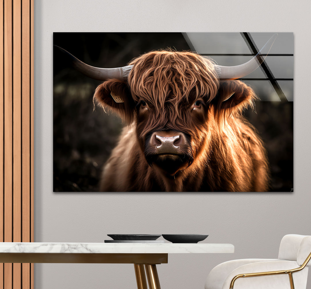 Highland Cow Wall Art – Rustic Brown Longhorn Glass Print Décor
