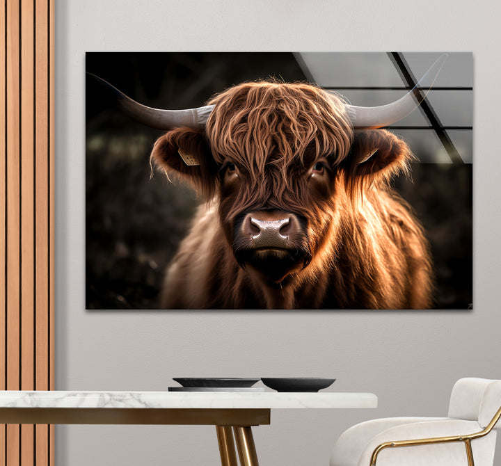 Highland Cow Wall Art – Rustic Brown Longhorn Glass Print Décor