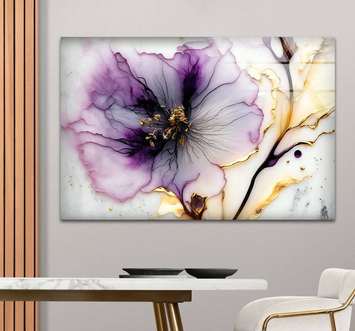 Purple and Gold Abstract Floral Wall Art – Luxury Glass Print for Elegant Interiors - MyPhotoStation