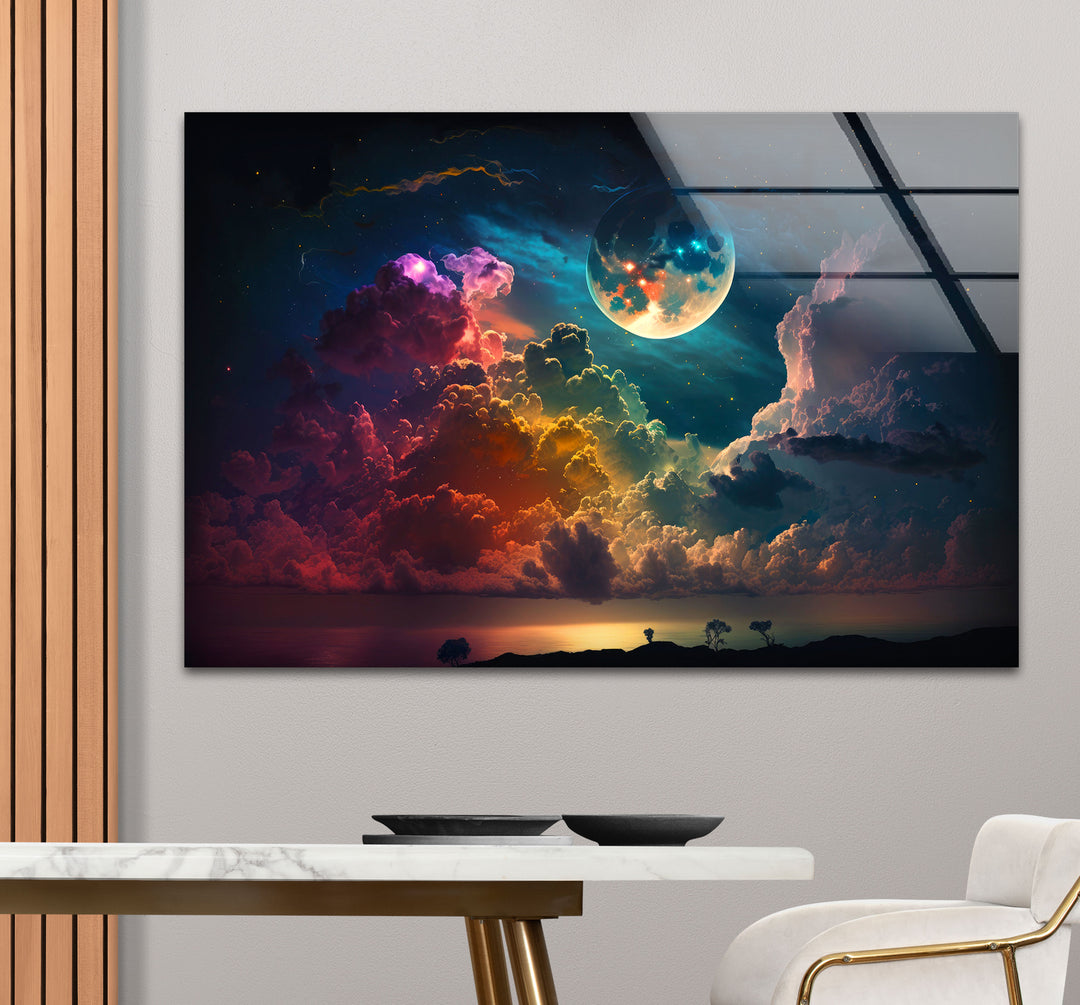 Verträumte Mondaufgang-Wandkunst – Fantasy-Himmel und Wolken-Glasdruck