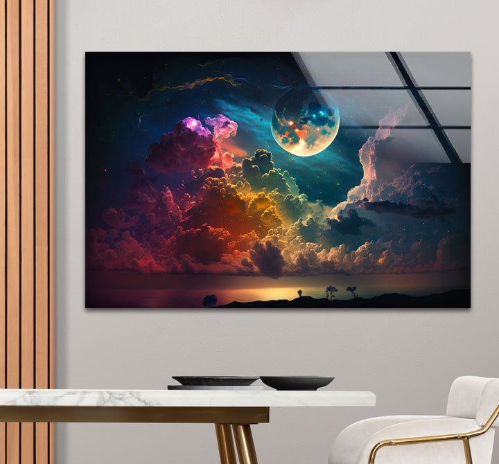 Verträumte Mondaufgang-Wandkunst – Fantasy-Himmel und Wolken-Glasdruck