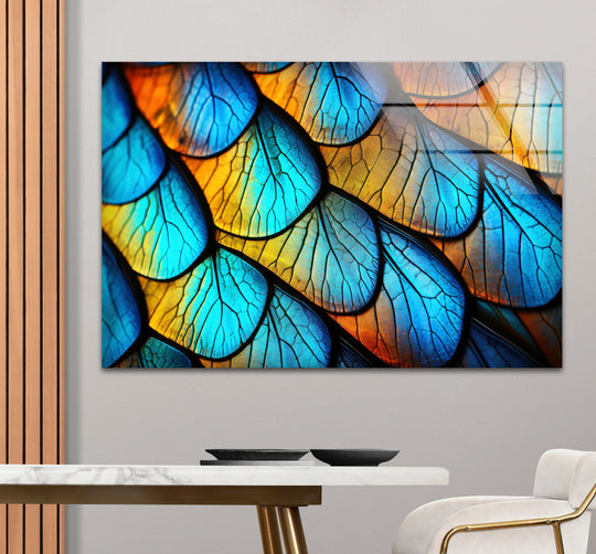 Vibrant blue and gold dominate this abstract glass art, showcasing a detailed natural pattern with stunning color depth.
