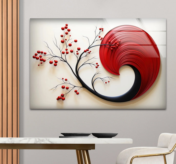 Red Abstract Botanical Wall Art – Modern Glass Decor with Cherry Elements - MyPhotoStation