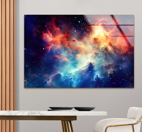 Nebula Galaxy Wall Art – Cosmic Cloud Glass Print with Vibrant Blue & Red Starburst for Futuristic Space-Inspired Decor - MyPhotoStation