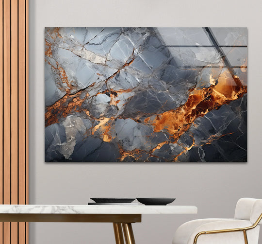 This rectangular glass print wall art features abstract shapes and swirling lines in a fiery blue marble design.
