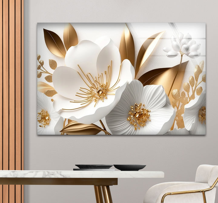 Elegant White and Gold Floral Wall Art – Luxury Botanical Glass Print for Sophisticated Decor