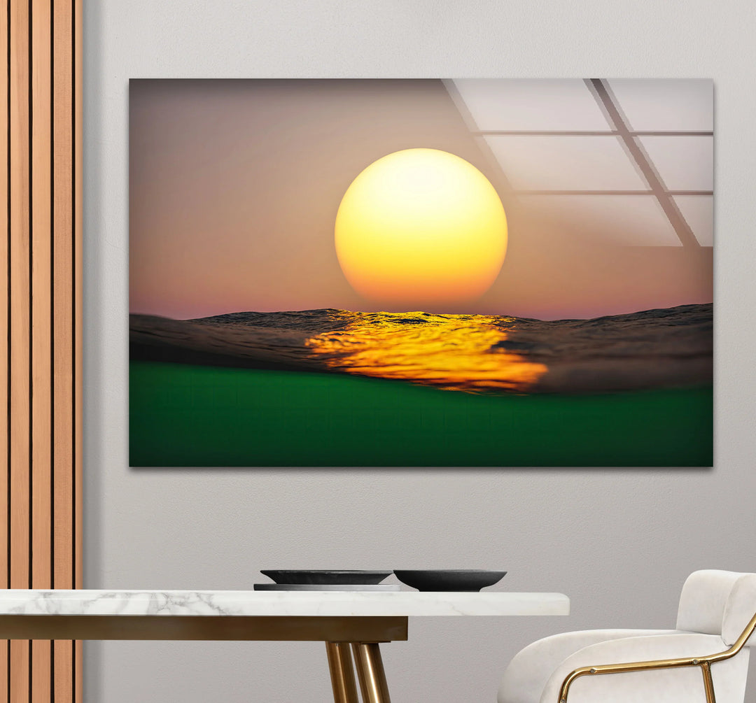 Golden Ocean Sunset Wall Art – Minimal Sun Glass Decor