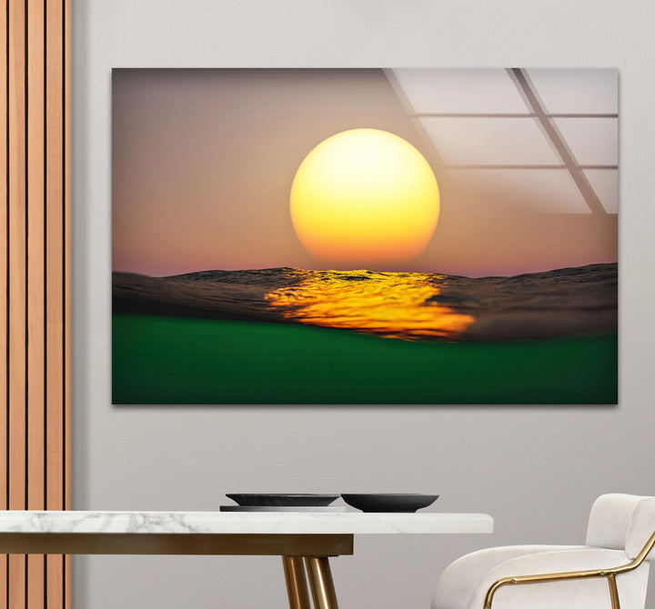Golden Ocean Sunset Wall Art – Minimalist Sun over Water Glass Print for Modern Spaces - MyPhotoStation