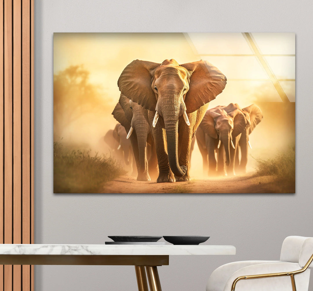 Elephant Herd Safari Wall Art – Majestic Wildlife Glass Print for Bold Natural Decor - MyPhotoStation