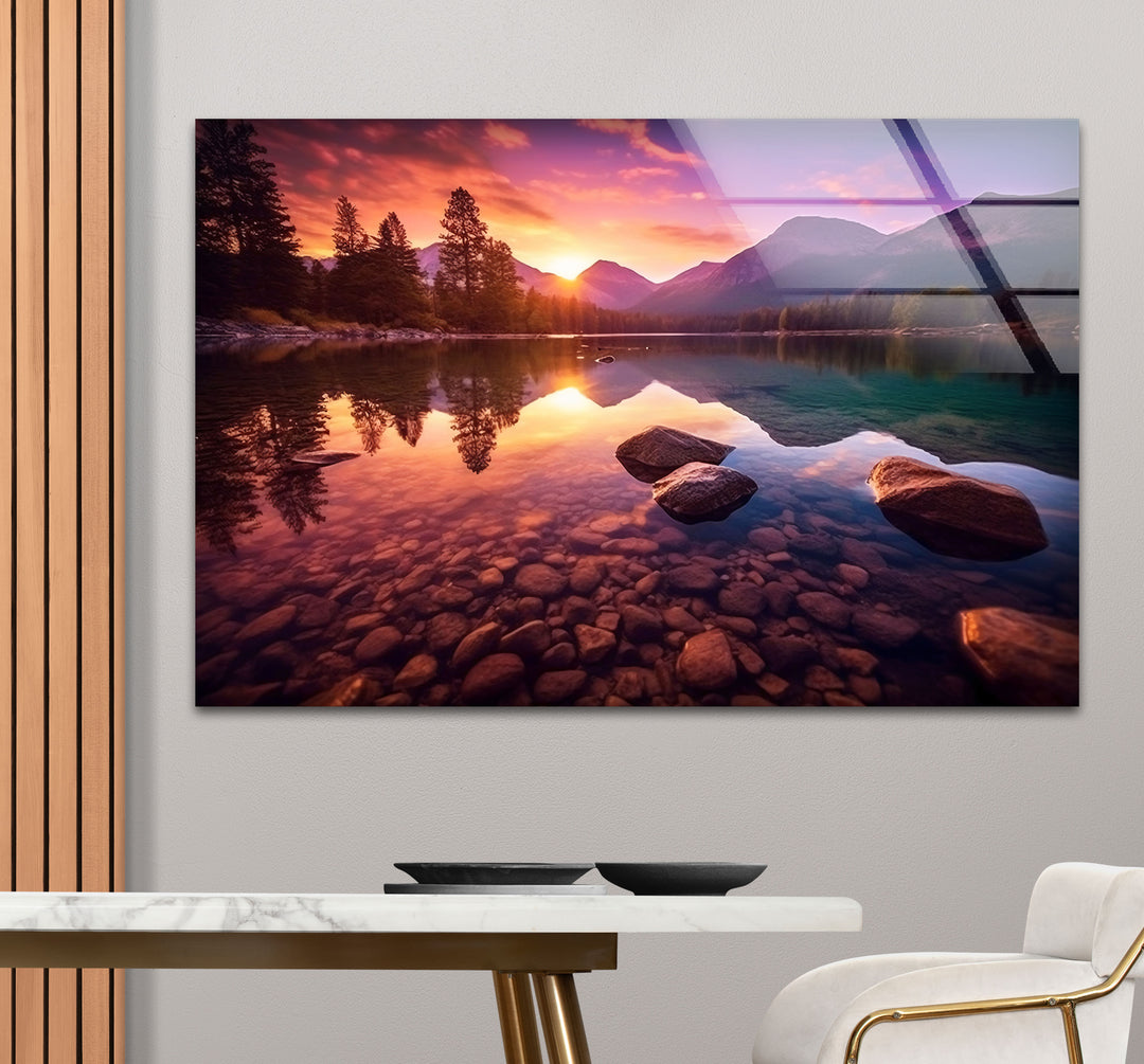 Bergsee Sonnenuntergang Wandkunst – Ruhige Natur Glas Landschaft Dekor