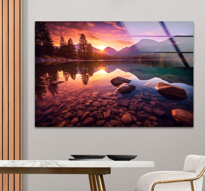 Bergsee Sonnenuntergang Wandkunst – Ruhige Natur Glas Landschaft Dekor