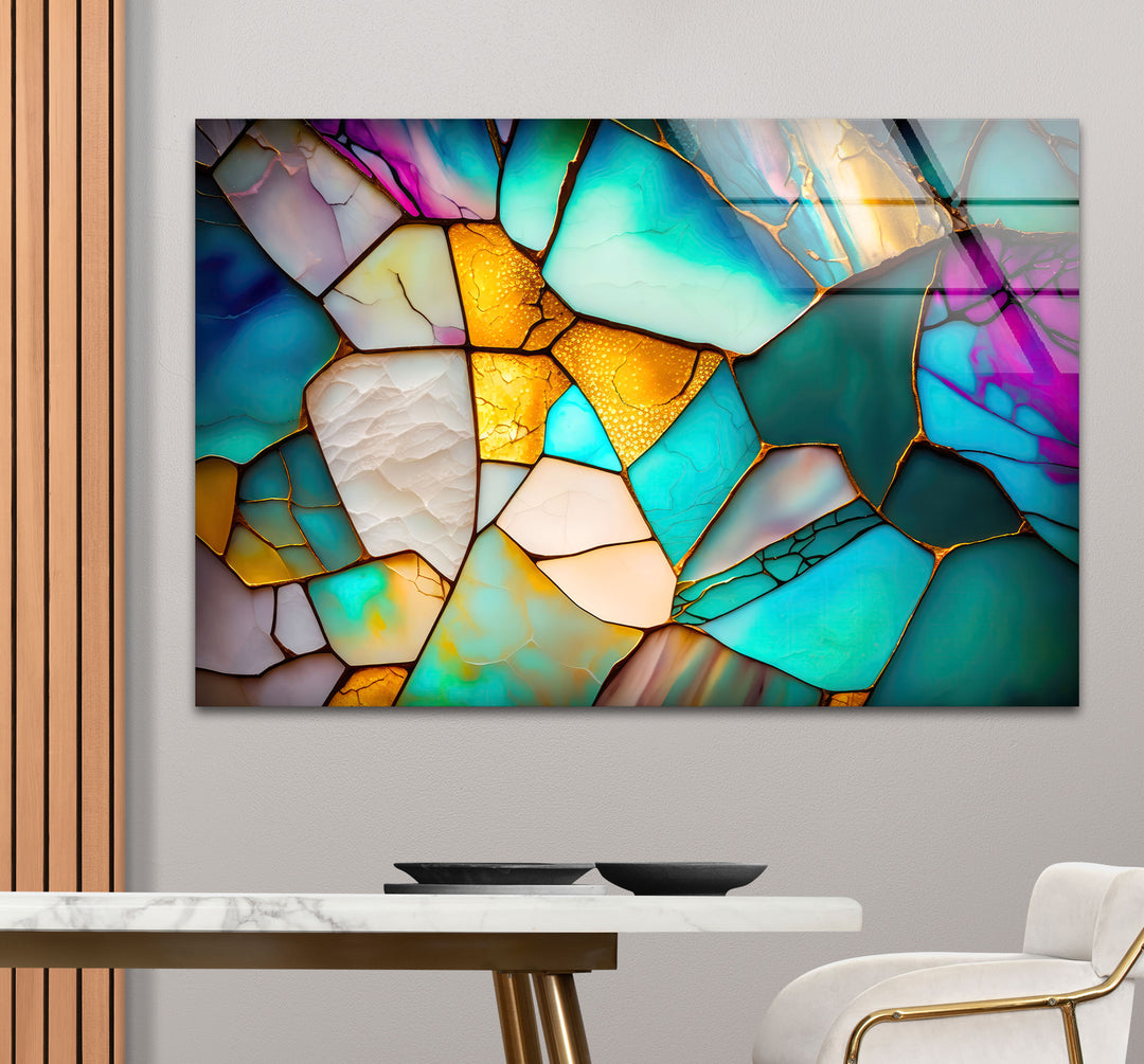Modern Stained Glass Abstract Wall Art – Teal & Gold Geometric Glass Print
