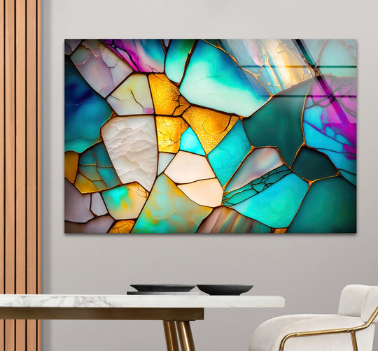 A mesmerizing mosaic of iridescent teal, gold, and violet shards creates a dynamic visual rhythm in this stunning abstract print wall art.