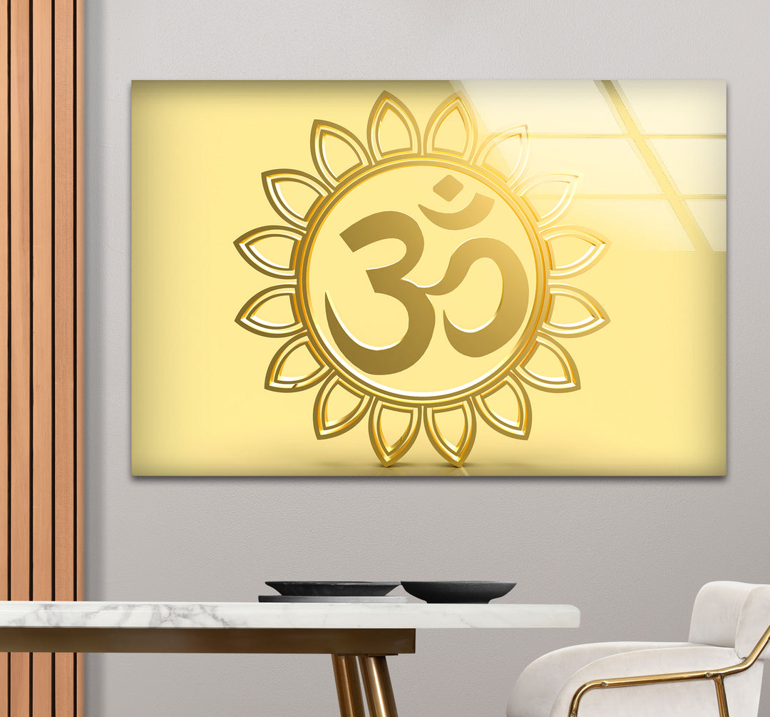 Goldenes Om-Symbol Wandkunst – Spirituelles Hindu-Dekor Glasdruck