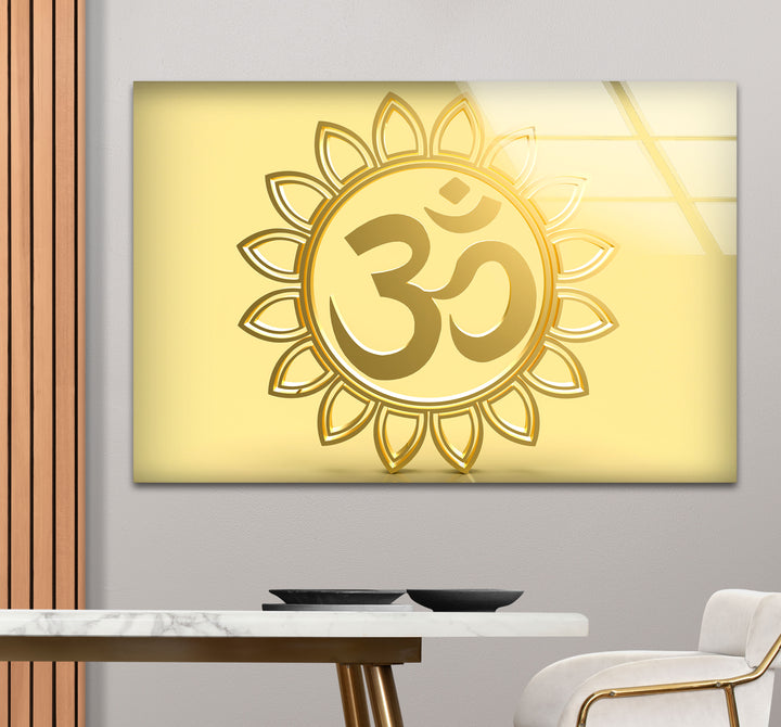 Goldenes Om-Symbol Wandkunst – Spirituelles Hindu-Dekor Glasdruck