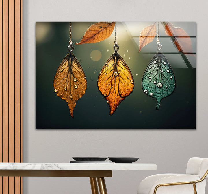 Autumn Dew Leaf Wall Art – Elegant Nature-Inspired Print with Golden & Teal Hues - MyPhotoStation